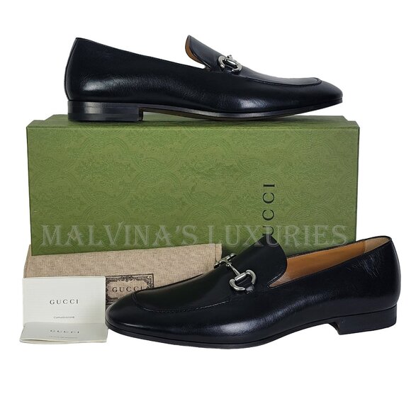 GUCCI SHOES MENS BLACK LEATHER LOAFERS w SILVER TONE HORSEBIT sz 13 13.5 US - Picture 2 of 15